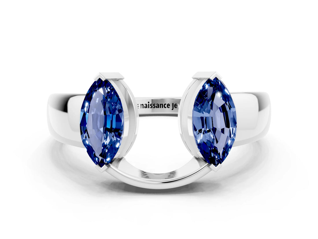 White gold Marquise Blue Sapphire Open Band Ring with Tension Setting_6