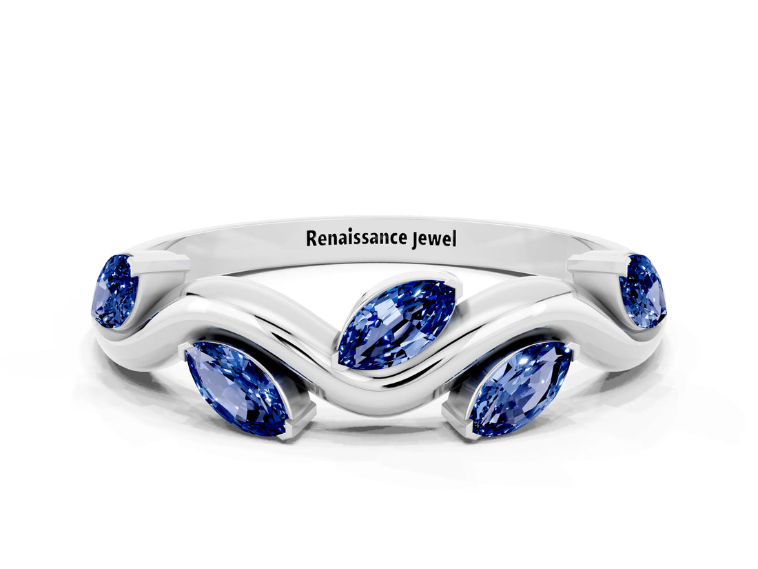 White gold Marquise Blue Sapphire Twisted Band with Prong Setting_6
