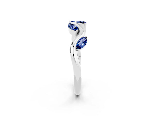 Platinum Marquise Lab-Grown Blue Sapphire Twisted Vine Wedding Band with Leaf-Set Stones