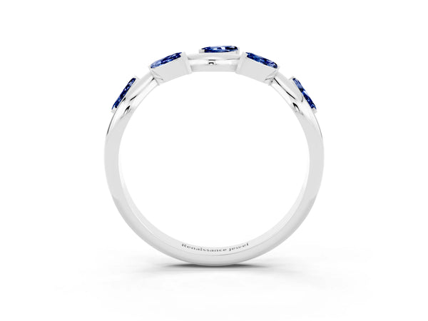 Platinum Marquise Lab-Grown Blue Sapphire Twisted Vine Wedding Band with Leaf-Set Stones