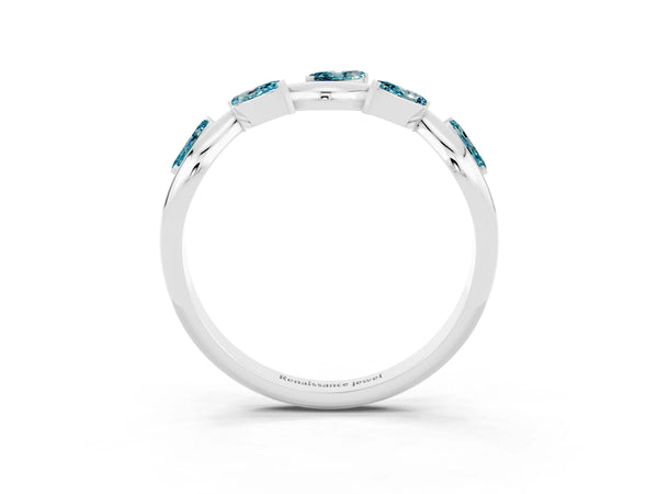 Platinum Marquise Blue Topaz Twisted Vine Wedding Band with Leaf-Set Stones