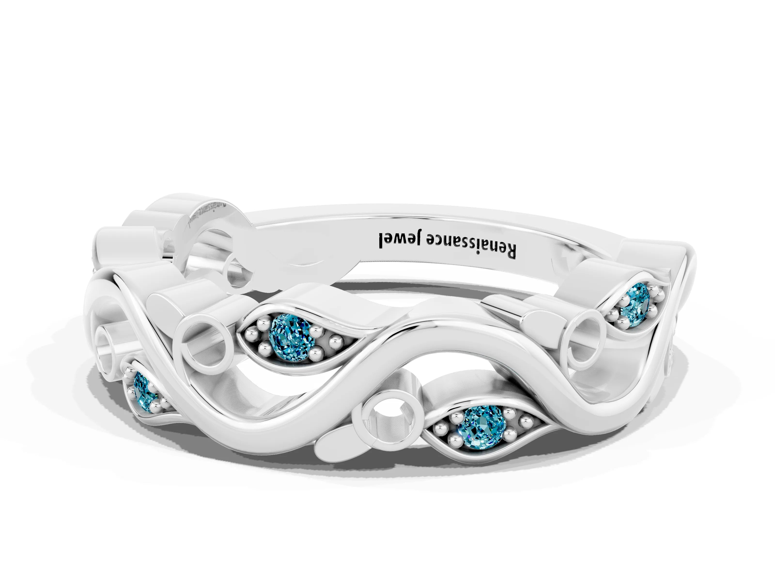 White gold Marquise Blue Topaz Vine Eternity Band with Bezel Setting_6
