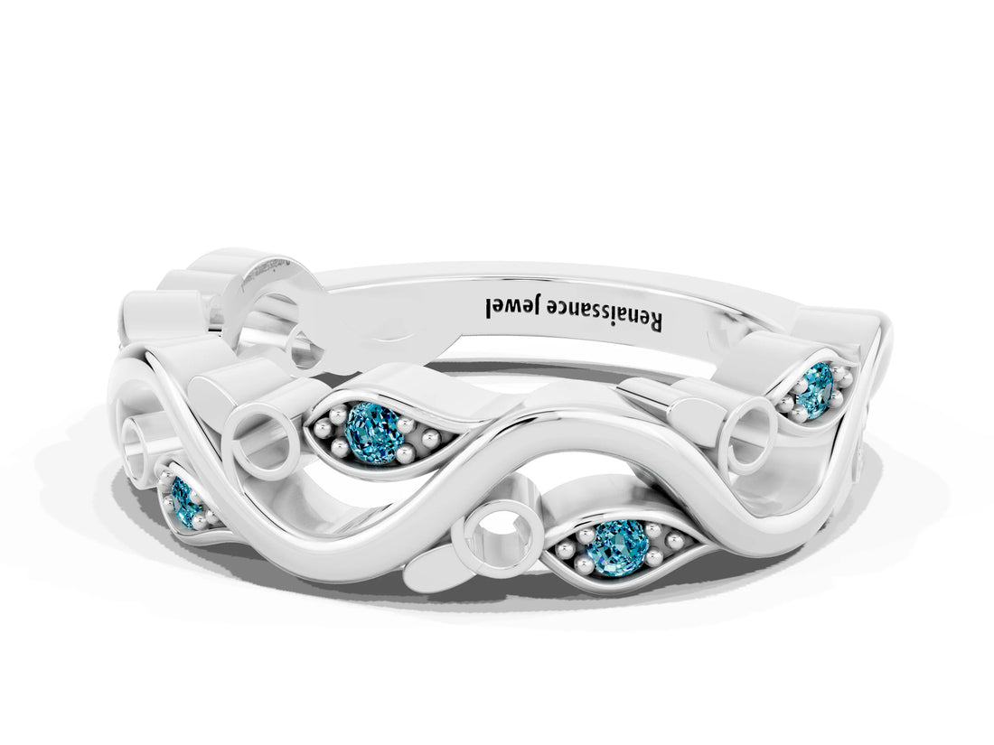 White gold Marquise Blue Topaz Vine Eternity Band with Bezel Setting_6