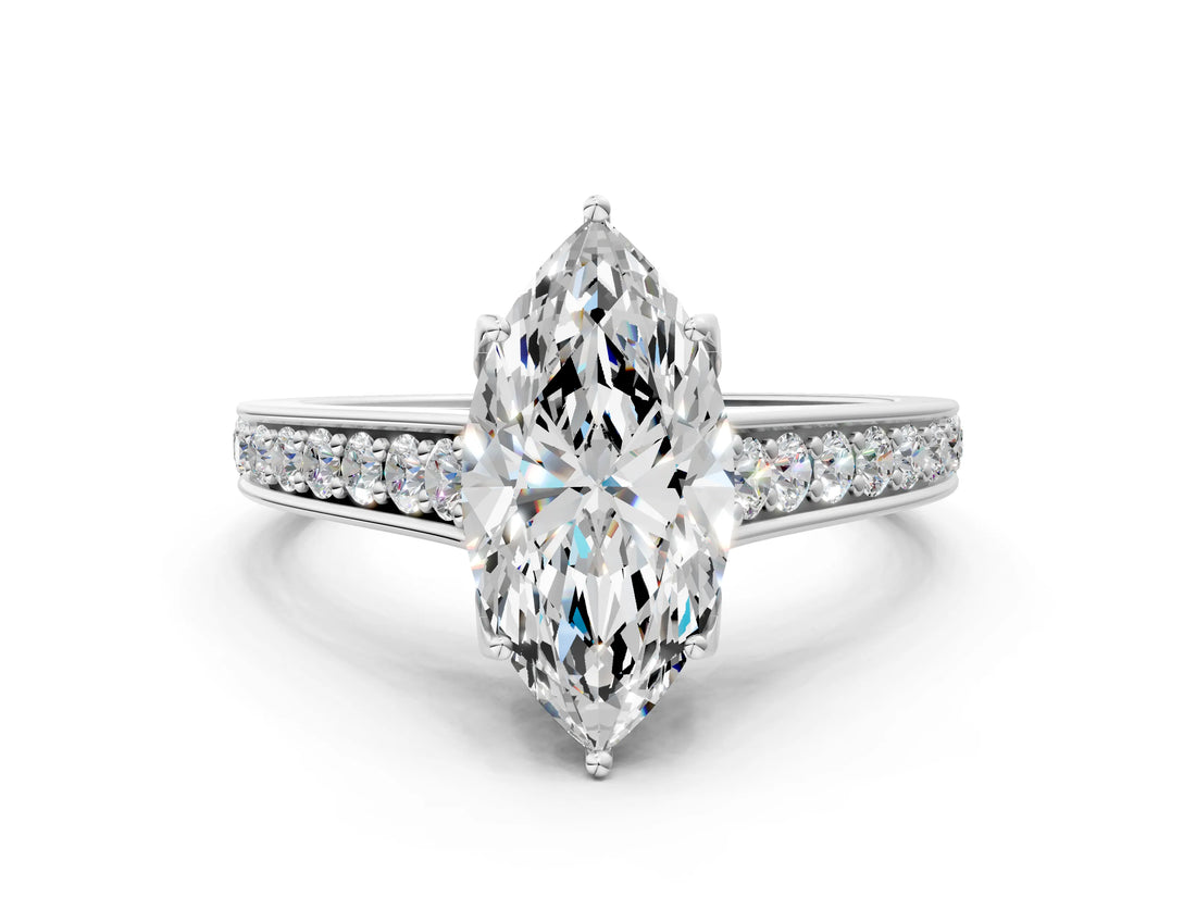 White gold Marquise Brilliant Cut Diamond Engagement Ring with Pavé Band and Four-Prong Setting_84
