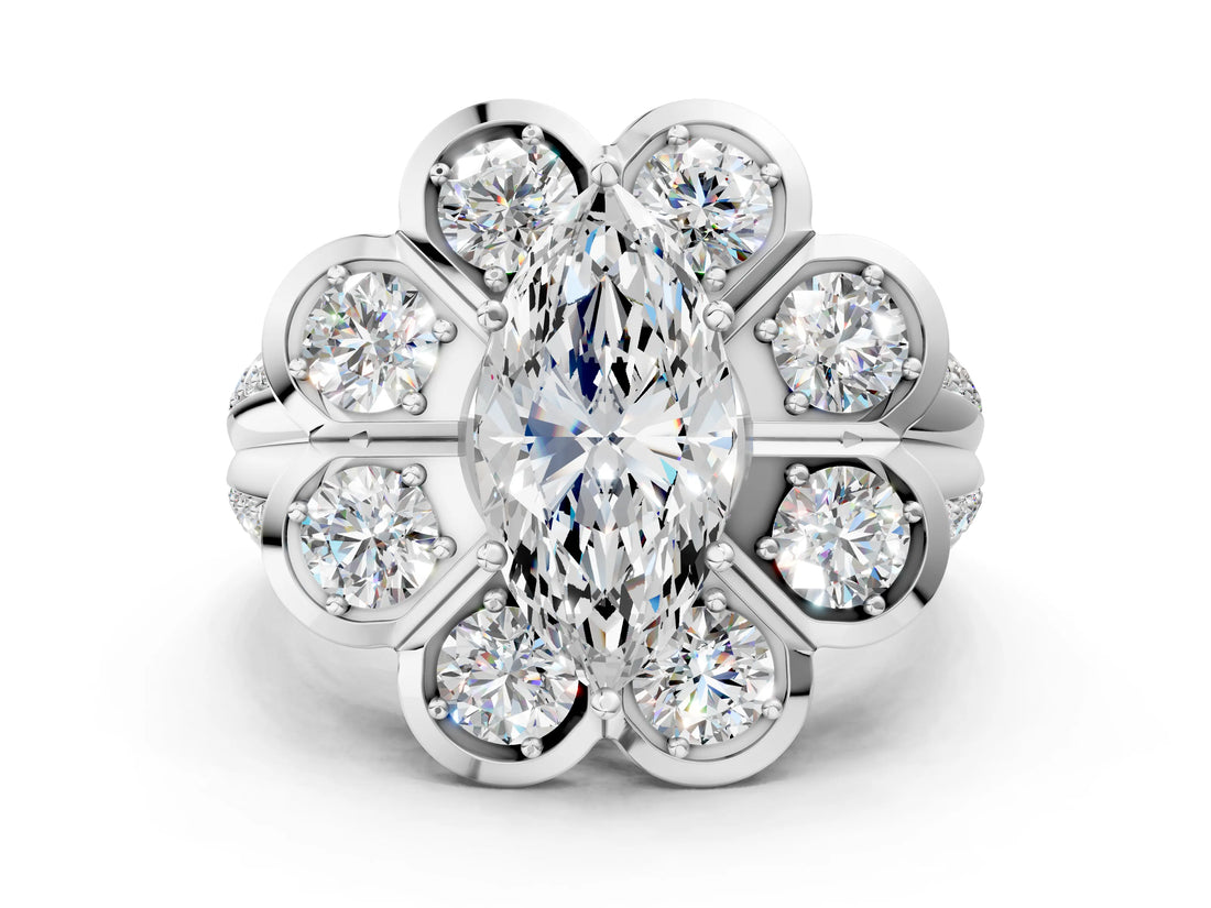 White gold Marquise Brilliant Flower Halo Diamond Split Shank Ring_81