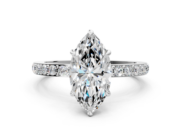 Sterling Silver Marquise Hidden Halo Solitaire Engagement Ring Setting with Pave Band and Prong Head