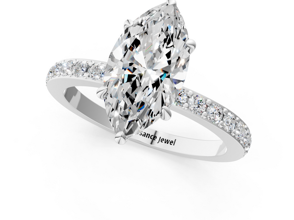 Sterling Silver Marquise Hidden Halo Solitaire Engagement Ring Setting with Pave Band and Prong Head
