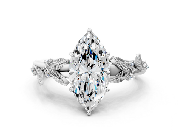 White gold Marquise Cut Diamond Solitaire Ring with Leaf Motif Band and Four-Prong Setting