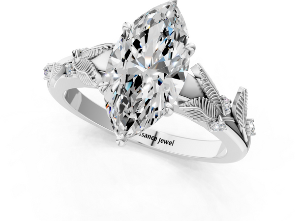 White gold Marquise Cut Diamond Solitaire Ring with Leaf Motif Band and Four-Prong Setting