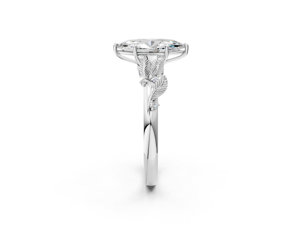 White gold Marquise Cut Diamond Solitaire Ring with Leaf Motif Band and Four-Prong Setting