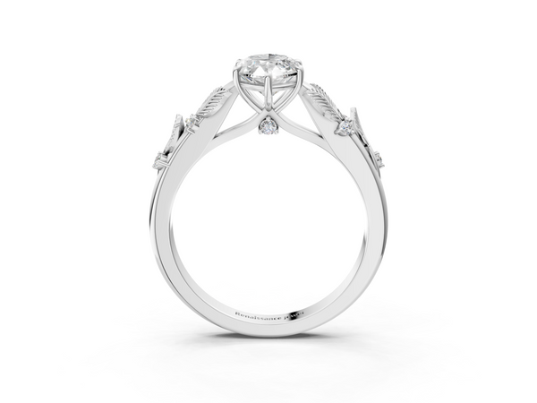 White gold Marquise Cut Diamond Solitaire Ring with Leaf Motif Band and Four-Prong Setting