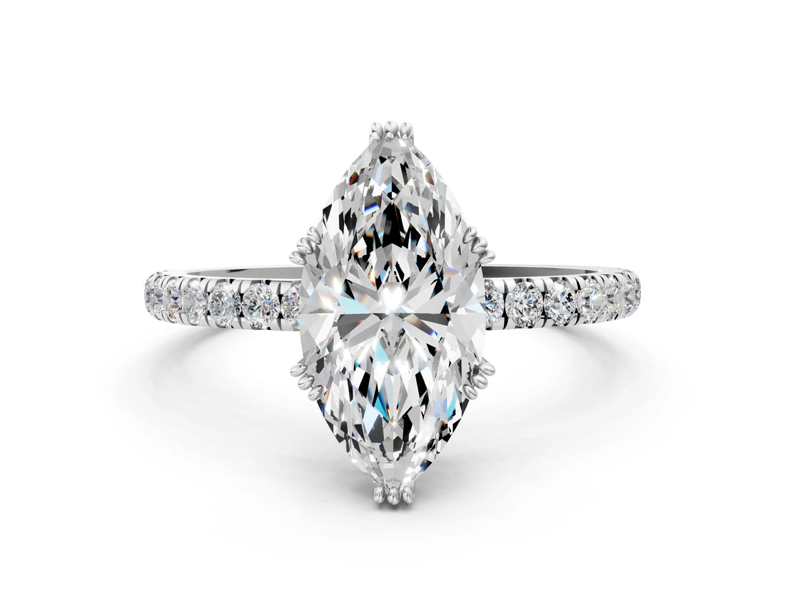 White gold Marquise Brilliant Solitaire with Pavé Band and Claw Prong Setting_7