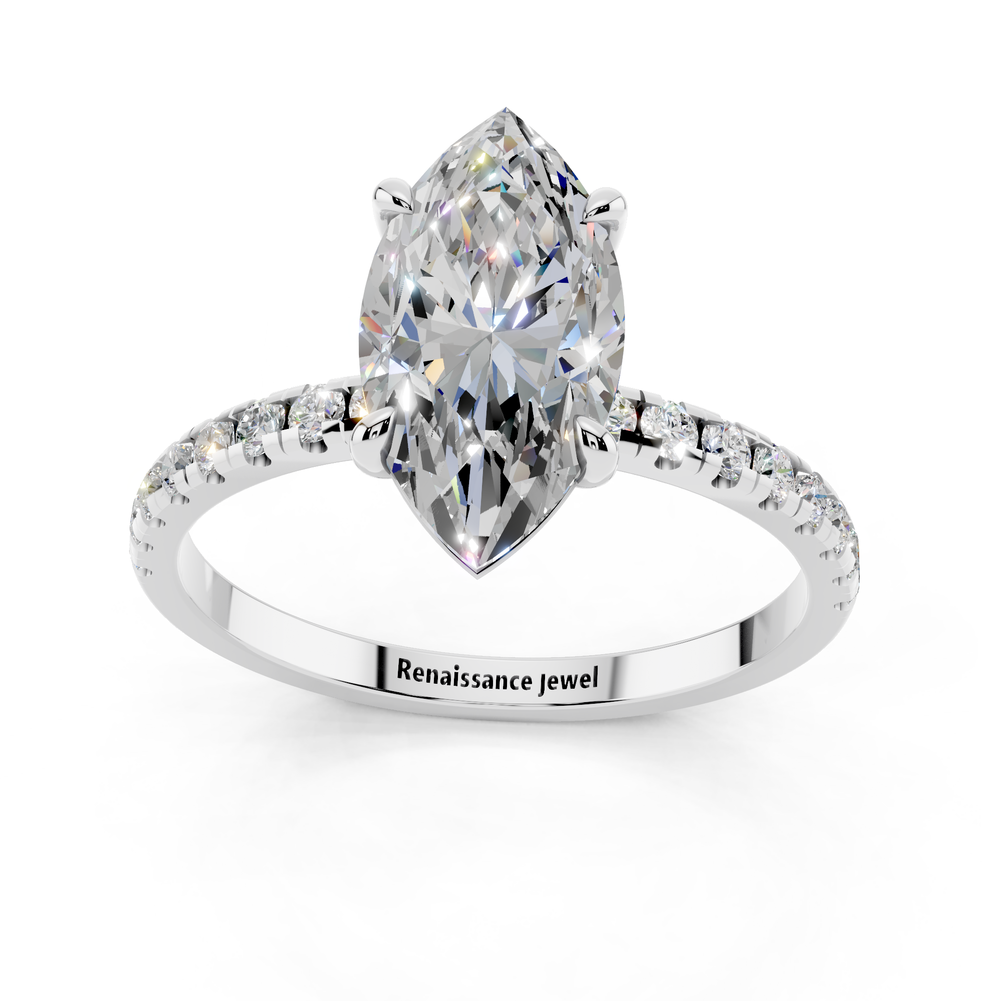 White gold Marquise Brilliant Solitaire with Pavé Band and Four-Prong Setting_7