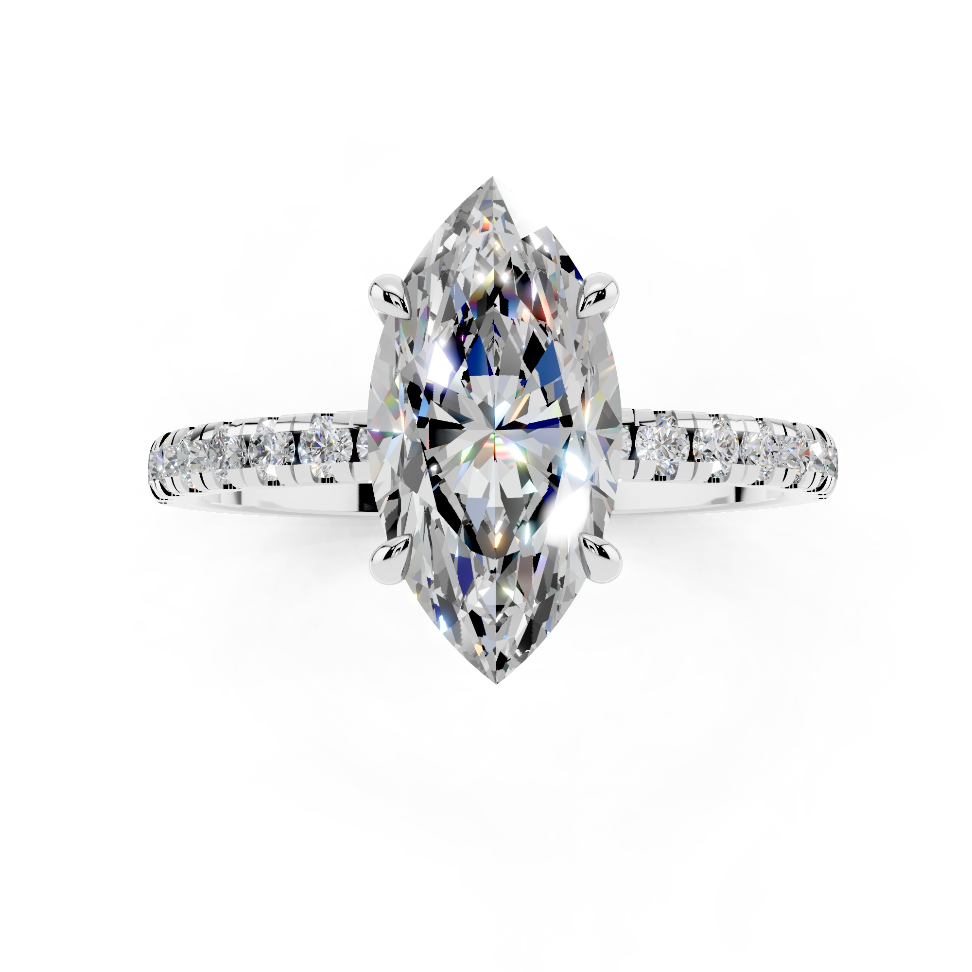 White gold Marquise Brilliant Solitaire with Pavé Band and Four-Prong Setting_8
