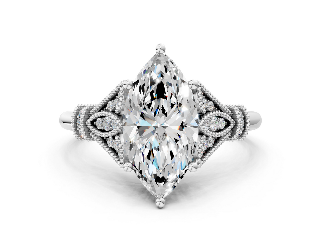 White gold Marquise Brilliant Solitaire with Pave Band and Four-Prong Setting_20