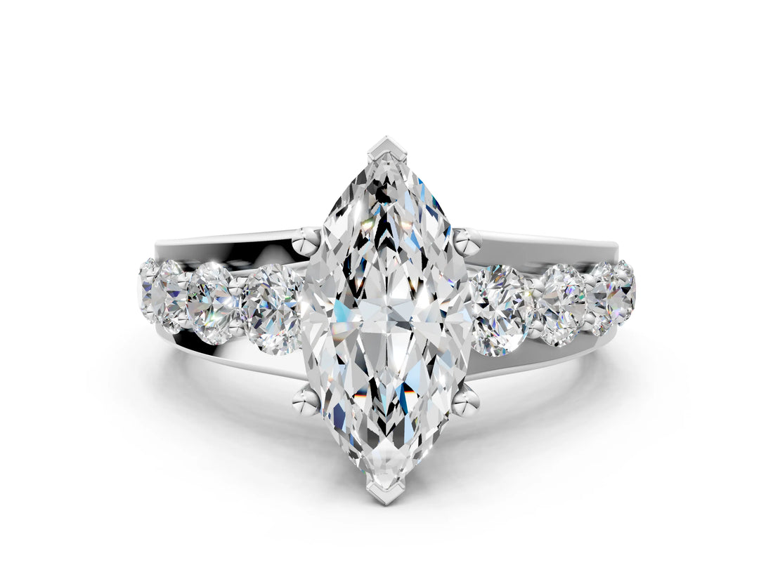 White gold Marquise Brilliant Solitaire with Side Stones on a Pave Band and Four-Prong Setting_62