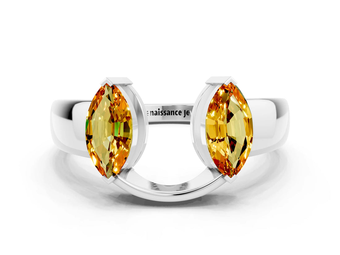 White gold Marquise Citrine Open Band Ring with Tension Setting_17
