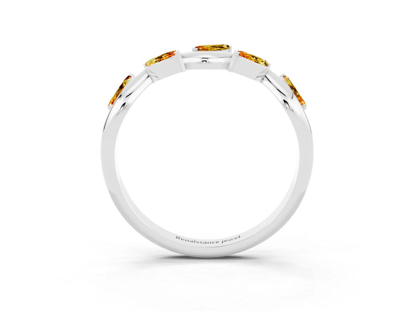 Platinum Marquise Citrine Twisted Vine Wedding Band with Leaf-Set Stones