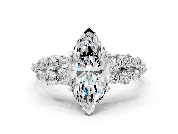 Platinum Marquise Cluster Diamond Engagement Ring with Pavé Band and Four-Prong Setting