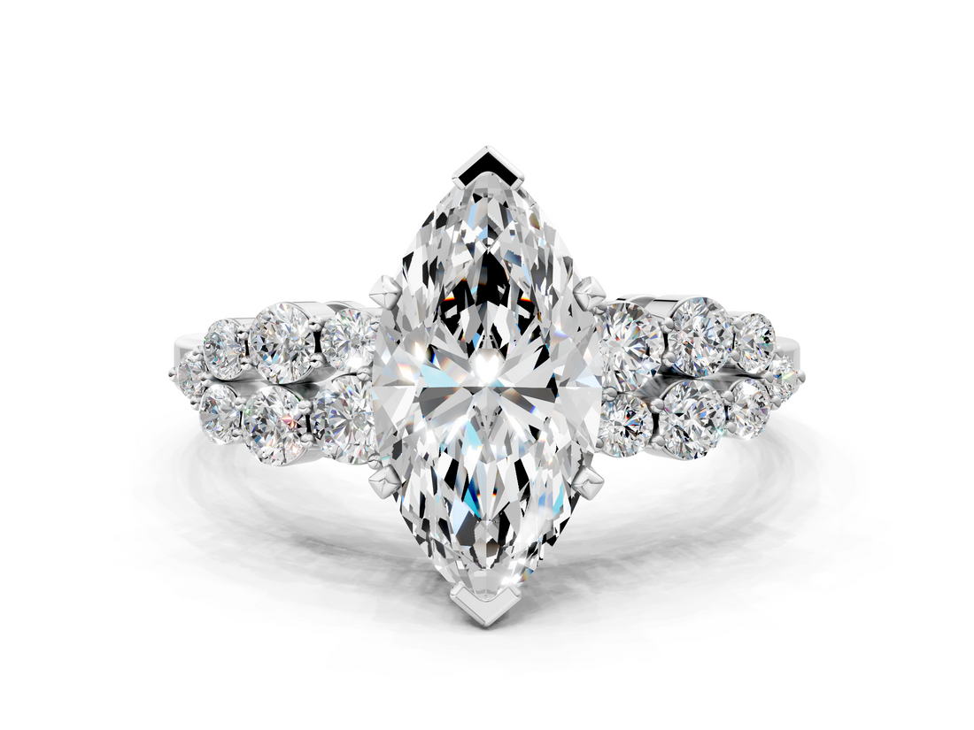 White gold Marquise Cluster Diamond Engagement Ring with Pavé Band and Four-Prong Setting_68