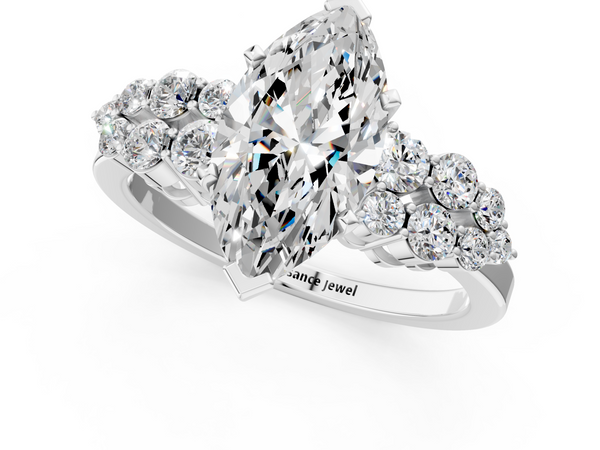 Platinum Marquise Cluster Diamond Engagement Ring with Pavé Band and Four-Prong Setting
