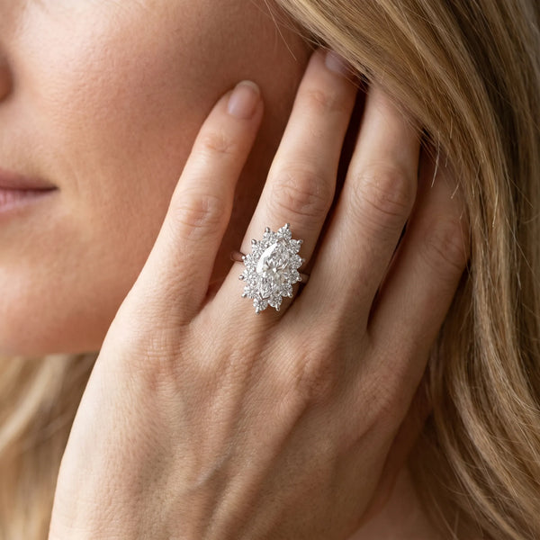 White gold Marquise Cluster Halo Diamond Ring with Solitaire Band and Prong Setting