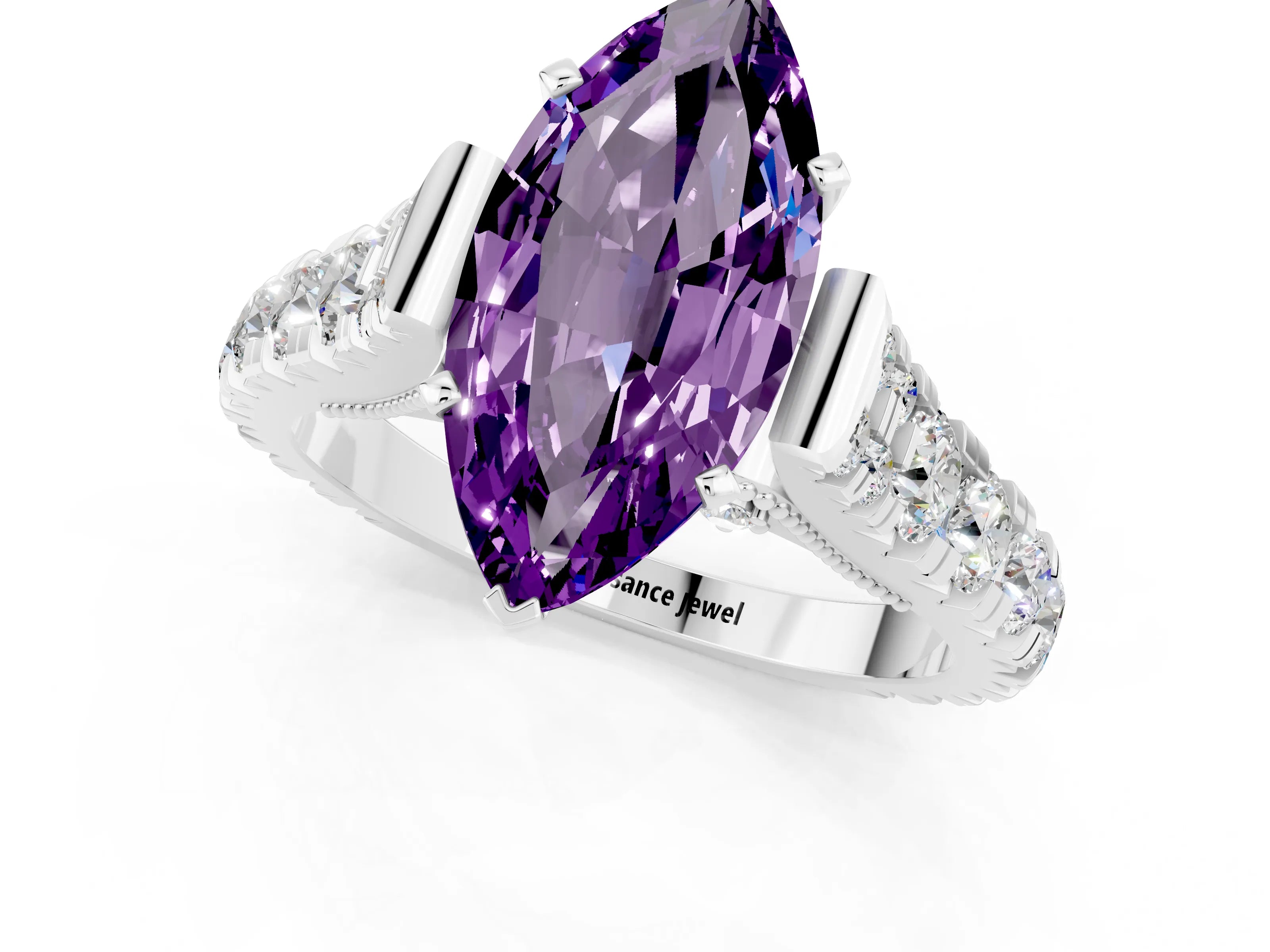 White gold Marquise Cut Amethyst Classic Solitaire Ring with Pavé Band and Four-Prong Setting_1