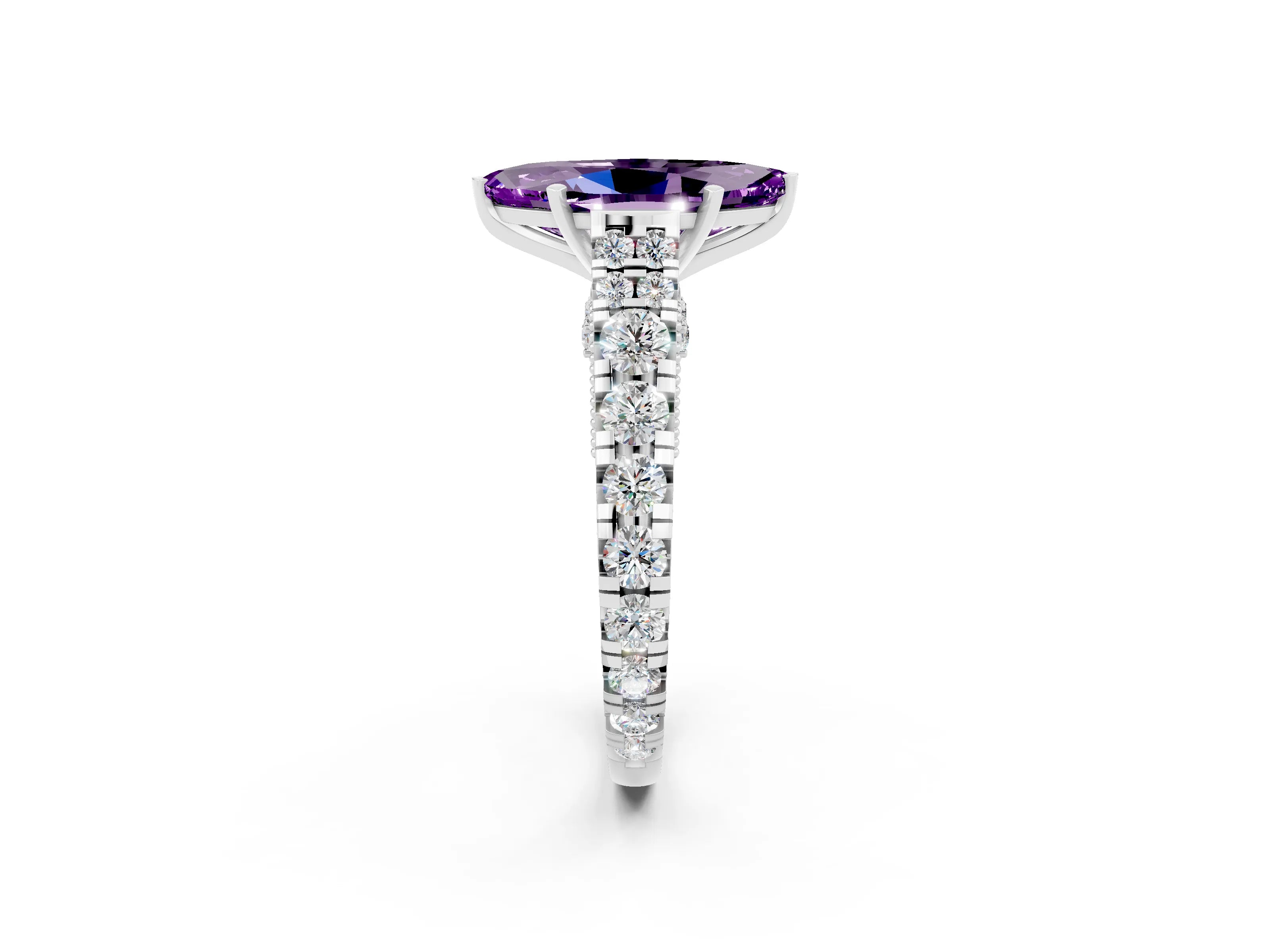 White gold Marquise Cut Amethyst Classic Solitaire Ring with Pavé Band and Four-Prong Setting_2