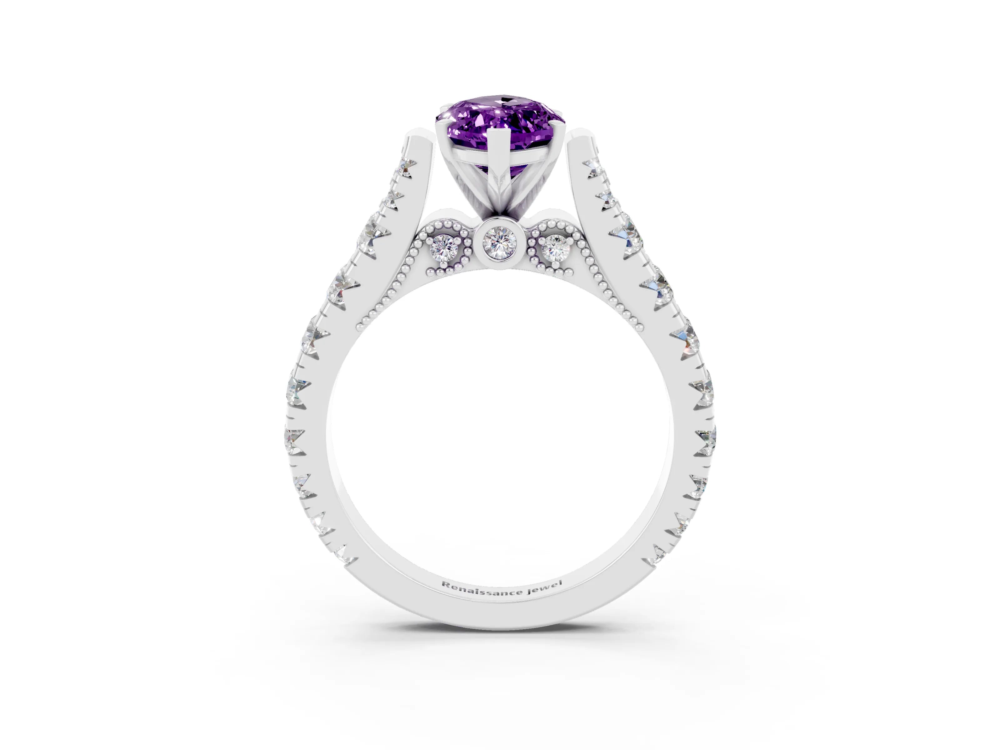 White gold Marquise Cut Amethyst Classic Solitaire Ring with Pavé Band and Four-Prong Setting_3