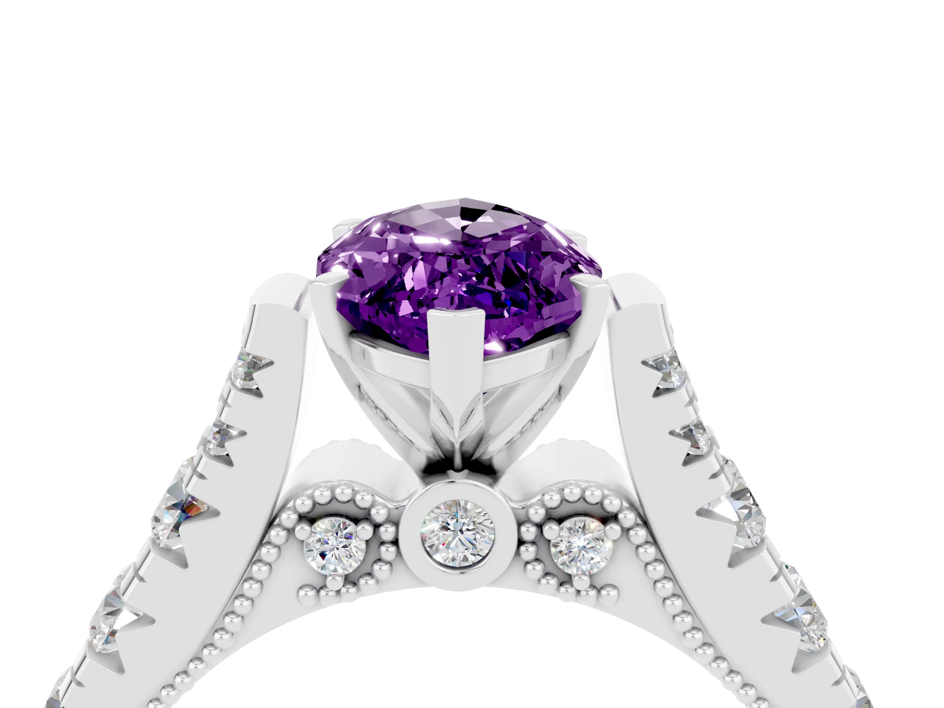 White gold Marquise Cut Amethyst Classic Solitaire Ring with Pavé Band and Four-Prong Setting_4