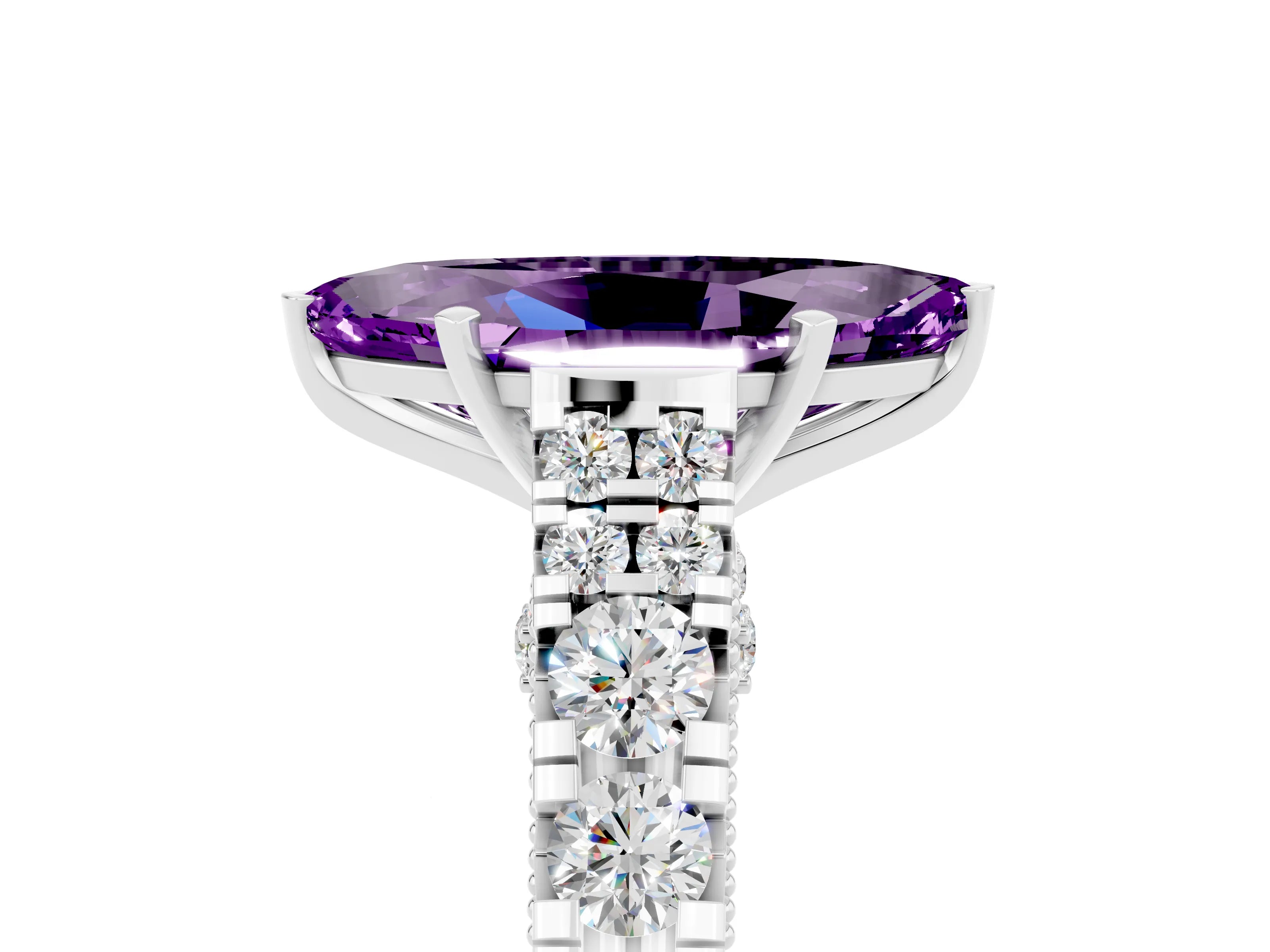 White gold Marquise Cut Amethyst Classic Solitaire Ring with Pavé Band and Four-Prong Setting_5