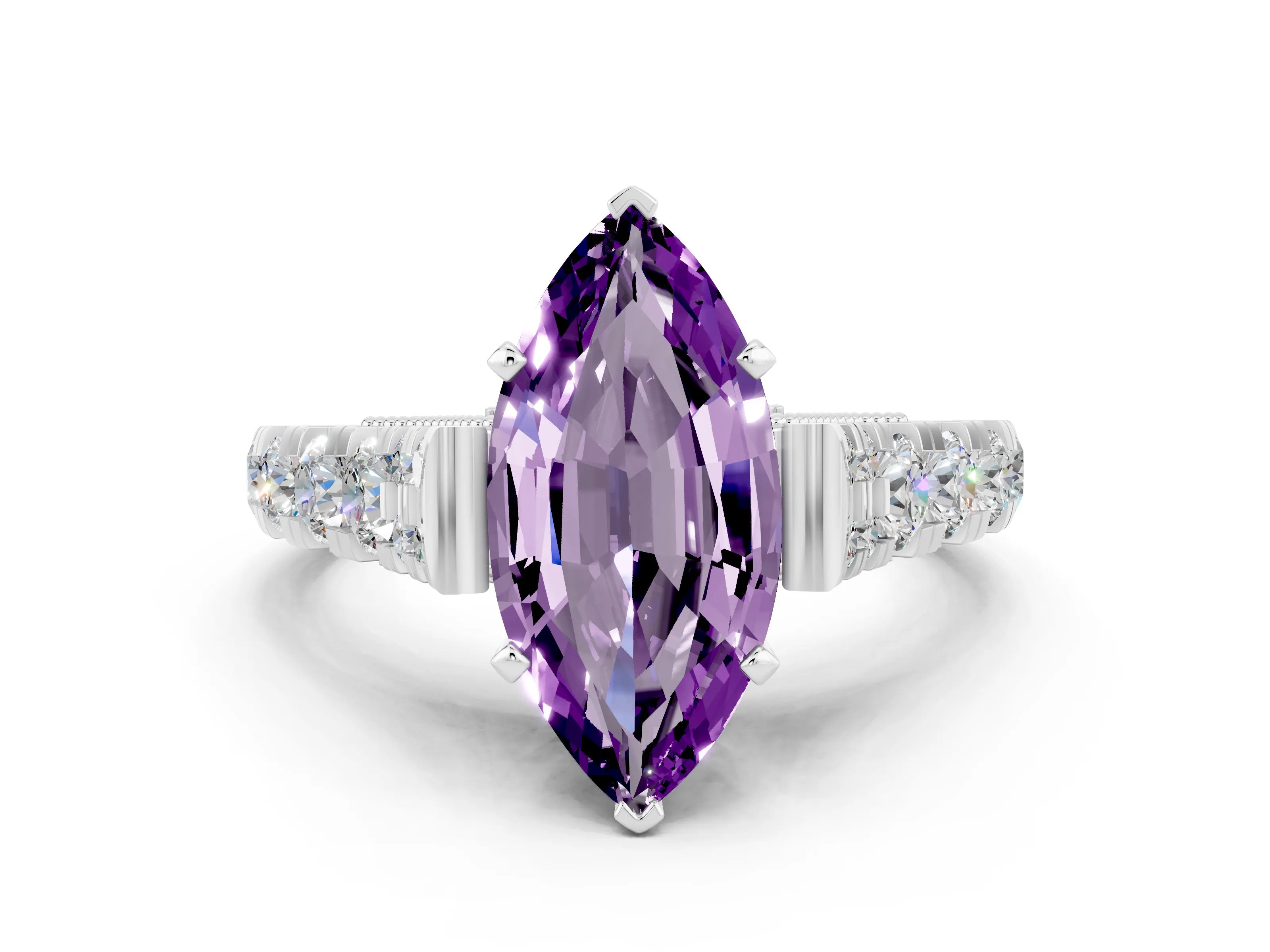 White gold Marquise Cut Amethyst Classic Solitaire Ring with Pavé Band and Four-Prong Setting