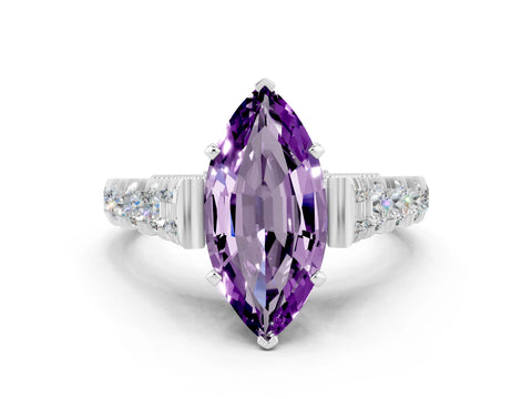 White gold Marquise Cut Amethyst Classic Solitaire Ring with Pavé Band and Four-Prong Setting