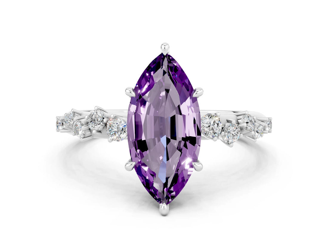 White gold Marquise Cut Amethyst Cluster Side Stone Solitaire Ring with Prong Setting_24