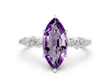 White gold Marquise Cut Amethyst Cluster Side Stone Solitaire Ring with Prong Setting_24