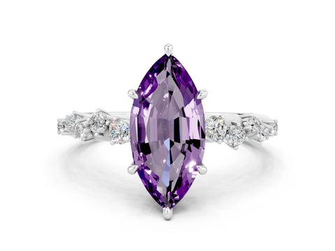White gold Marquise Cut Amethyst Cluster Side Stone Solitaire Ring with Prong Setting_24
