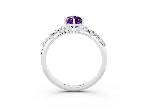 Platinum Marquise Cut Amethyst Cluster Side Stone Solitaire Ring with Prong Setting