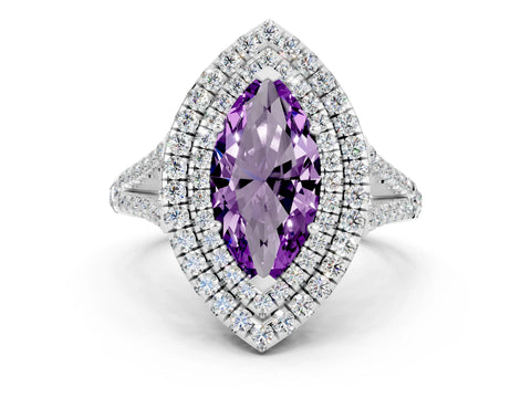 White gold Marquise Cut Amethyst Double Halo Ring with Pavé Band and Prong Setting_12