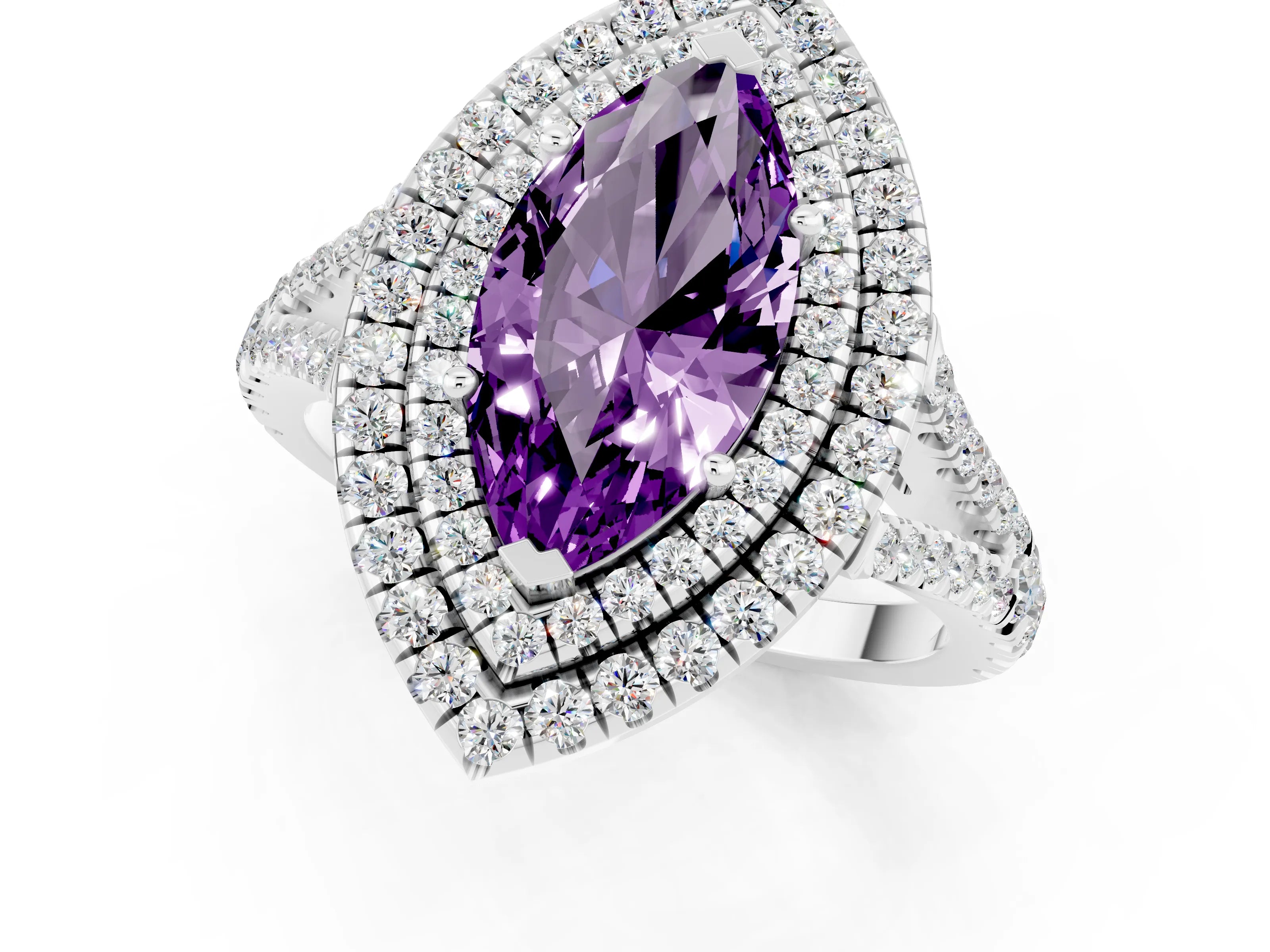 White gold Marquise Cut Amethyst Double Halo Ring with Pavé Band and Prong Setting_13