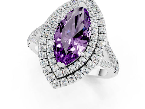 White gold Marquise Cut Amethyst Double Halo Ring with Pavé Band and Prong Setting_13