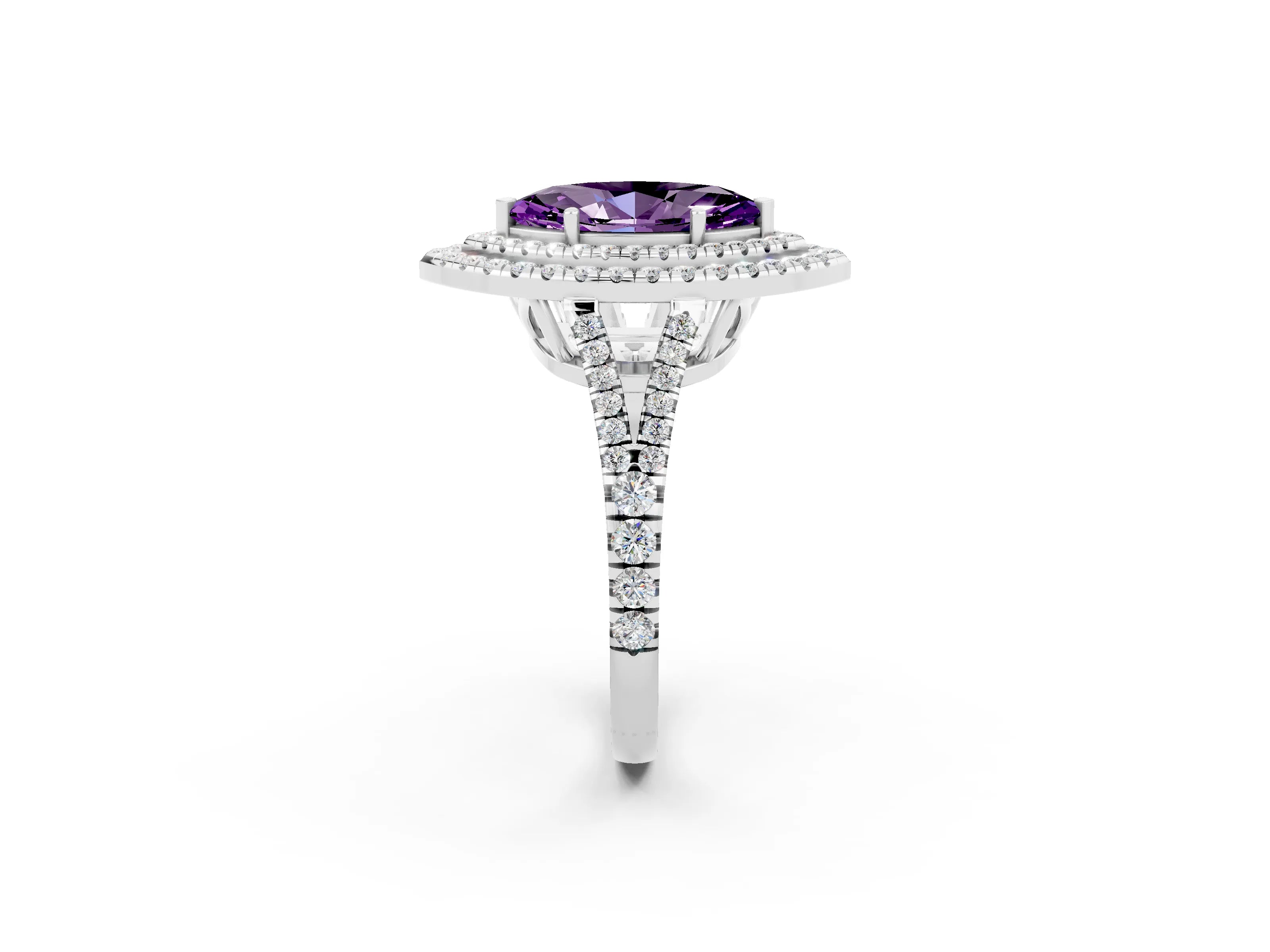 White gold Marquise Cut Amethyst Double Halo Ring with Pavé Band and Prong Setting_14