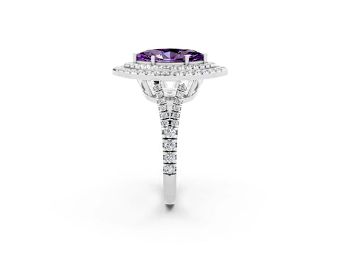 White gold Marquise Cut Amethyst Double Halo Ring with Pavé Band and Prong Setting_14