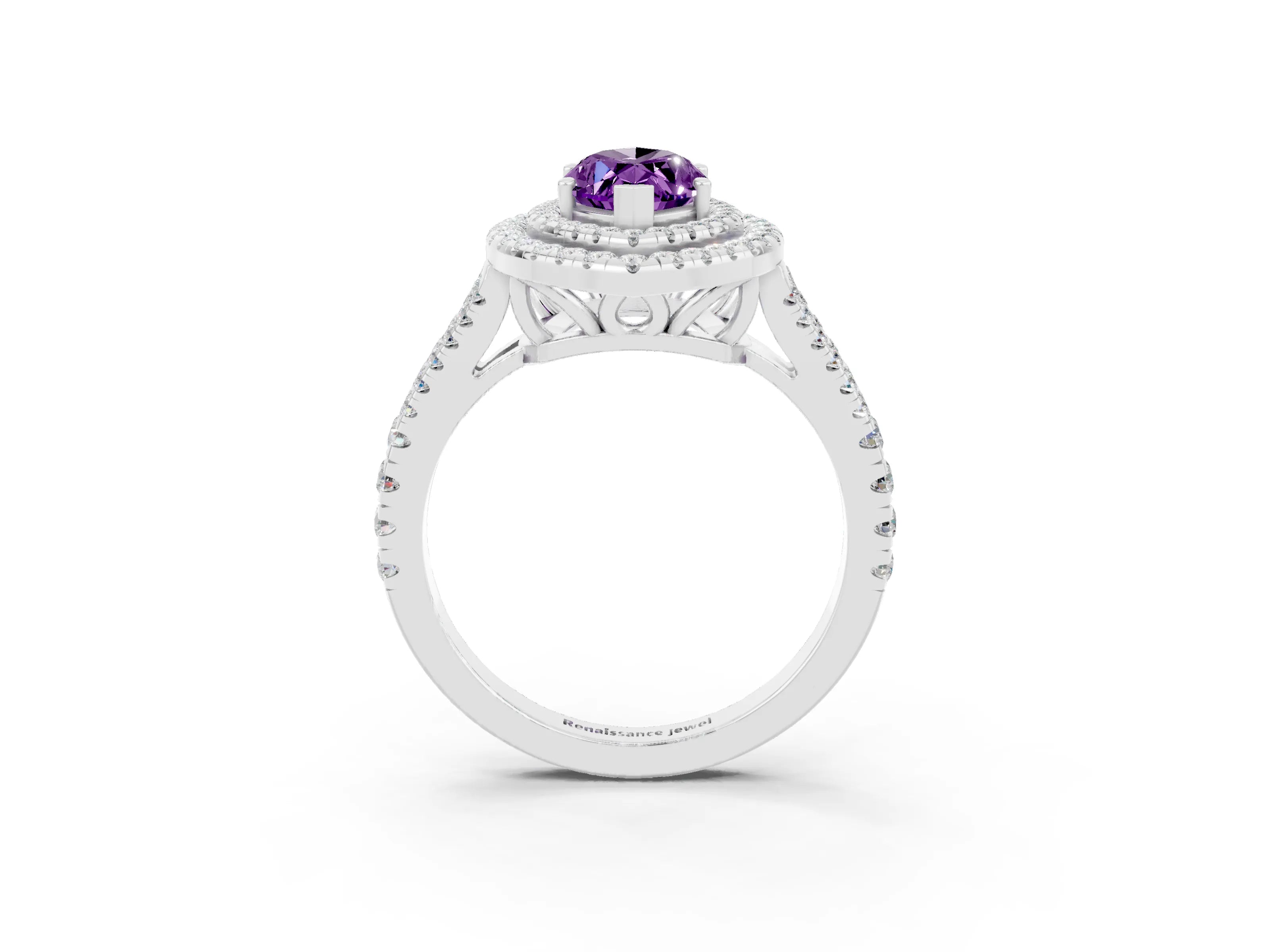 White gold Marquise Cut Amethyst Double Halo Ring with Pavé Band and Prong Setting_15