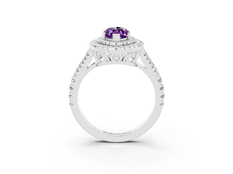 White gold Marquise Cut Amethyst Double Halo Ring with Pavé Band and Prong Setting_15