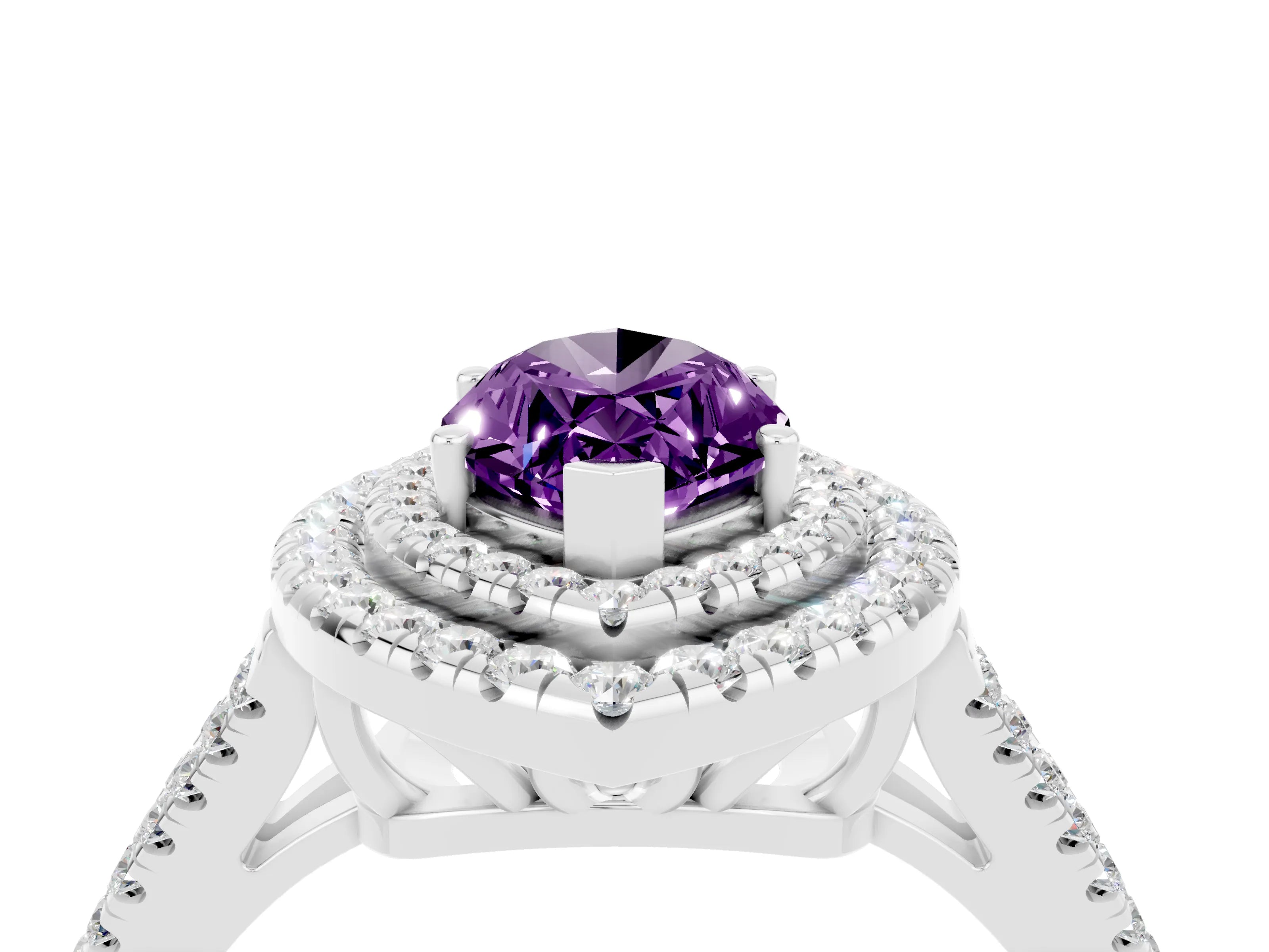 White gold Marquise Cut Amethyst Double Halo Ring with Pavé Band and Prong Setting_16