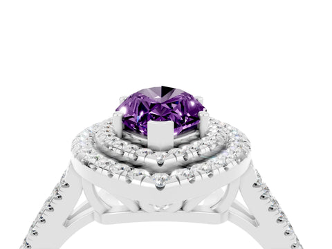 White gold Marquise Cut Amethyst Double Halo Ring with Pavé Band and Prong Setting_16