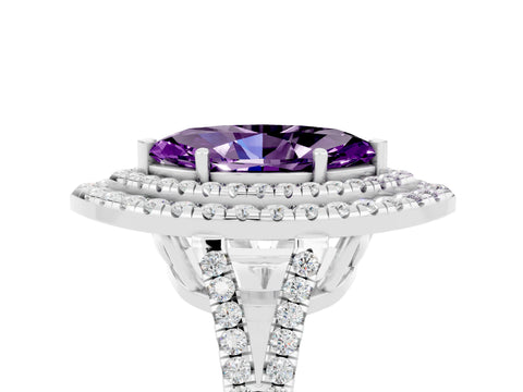 White gold Marquise Cut Amethyst Double Halo Ring with Pavé Band and Prong Setting_17