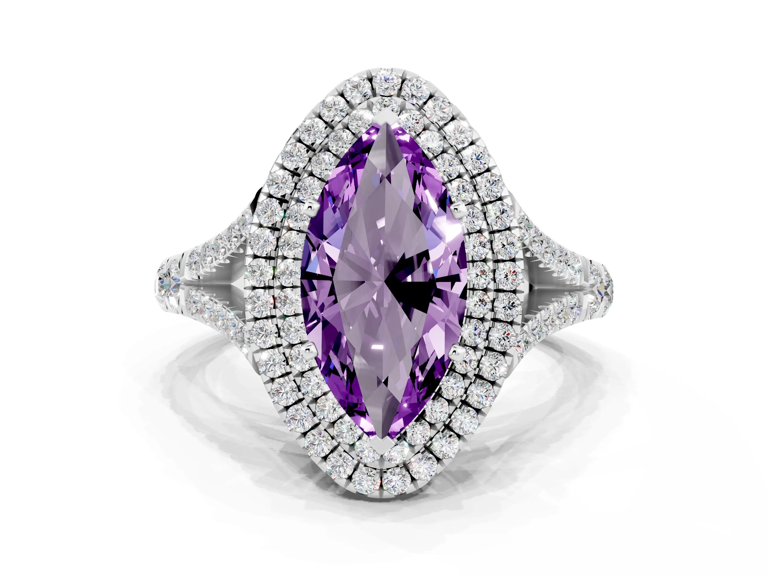 White gold Marquise Cut Amethyst Double Halo Ring with Split Shank and Prong Setting_12