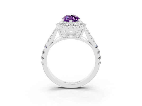 Platinum Marquise Cut Amethyst Double Halo Ring with Split Shank and Prong Setting