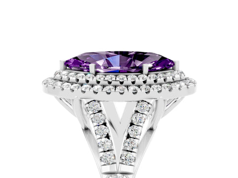 White gold Marquise Cut Amethyst Double Halo Ring with Split Shank and Prong Setting_17